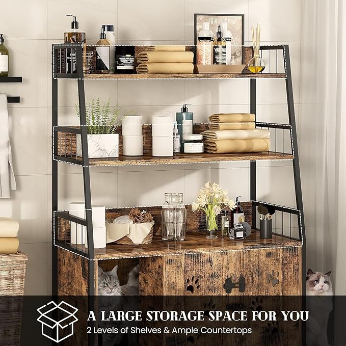 Recaceik Large Cat Litter Box Enclosure with Shelf Storage, Hidden Cat Washroom Furniture, Wooden Cat House with Scratch Pad, Sturdy Indoor Cat Cabinet with 2 Doors, Rustic Brown-Mewly Pet