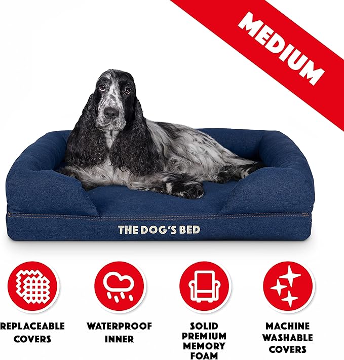 The Dog’s Bed, Med Blue Denim 30x23.5, Memory Foam, Pain Relief: Arthritis, Hip & Elbow Dysplasia, Post Surgery, Lameness, Supportive, Calming, Waterproof Washable Cover, Veterinary Approved-Mewly Pet
