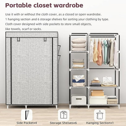 Calmootey Portable Closet Organizers, Clothing Storage, Wardrobe with 6 Shelves and Hanging Rod, Non-Woven Fabric Cover with 4 Side Pockets, Ash Grey