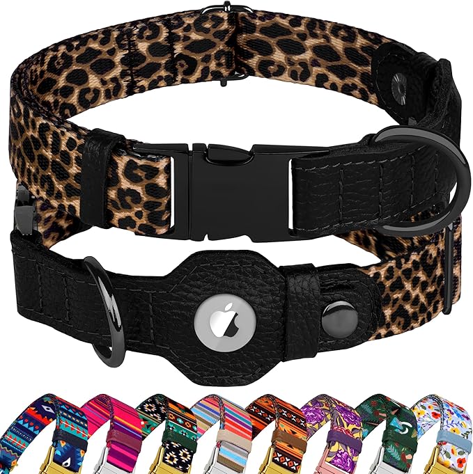 AirTag Dog Collar for Small Medium Large Breed - Adjustable Cute Pattern Dog Collar with Airtag Holder - Soft Leather Tracker GPS Apple Air Tag Pet Collars (Small, 12"-15" Neck Fit, Leopard)-Mewly Pet