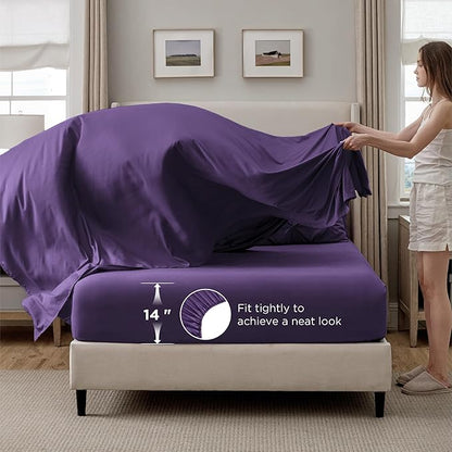 Bedsure California King Comforter Set Purple - Bed in a Bag Cal King Bedding Set 7 Pieces, GentleSoft™ Pintuck Bed Set Gift for Family, Pinch Pleat Purple Comforter with Sheets, Pillowcases & Shams