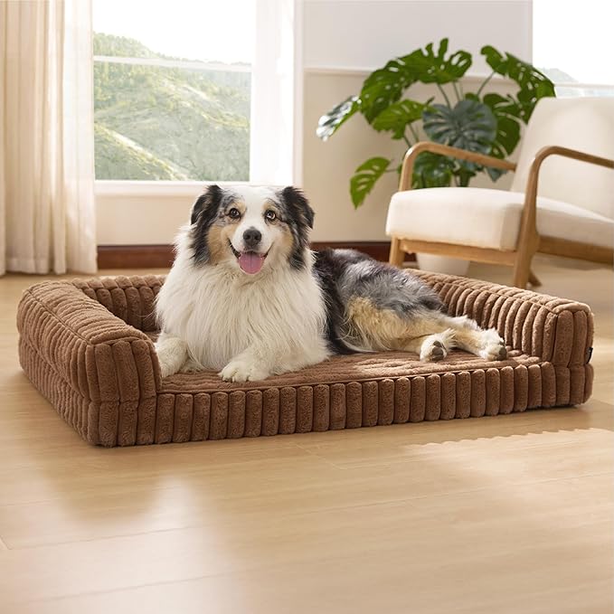 Bedsure Orthopedic Dog Beds for Extra Large Dogs, Waterproof Memory Foam XL Pet Bed with Sides, Non-Slip and Egg-Crate Foam Big Dog Couch Sofa with Washable Removable Corduroy Cover, Brown-Mewly Pet