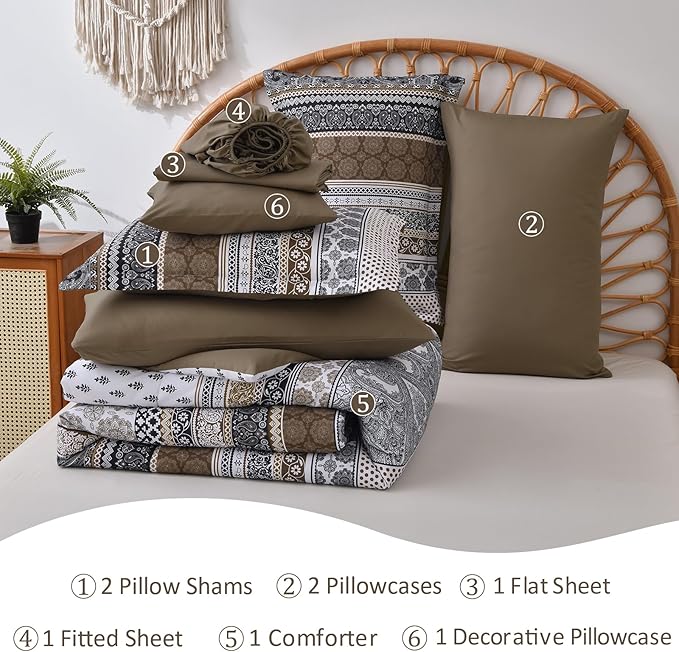 Cottolester Brown Comforter Set King Size,Boho Fall Bed in a Bag 8 Pieces,Paisley Soft Microfiber Bedding Comforter Set