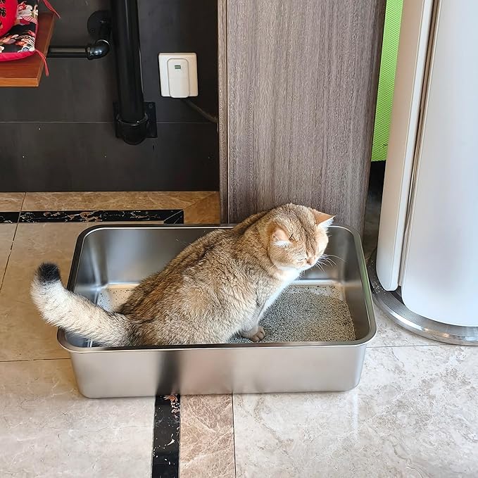 Stainless Steel Litter Box-Metal Litter Box Large for Cats Easy to Clean,Large Metal Cats Box Litter, Litter Boxes for Cat/Kitty/Rabbits,Non Stick, No Smell-Mewly Pet