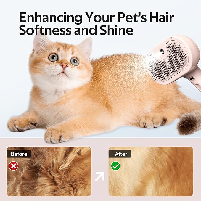 Pet Grooming Brush with Electronic Mist Spray - Gentle Deshedding Tool for Cats & Dogs, Pet Steam Brush，Reduces Shedding, Soft Bristles, Promotes Healthy Coat-Comes with a hair smoothing comb-Red-Mewly Pet