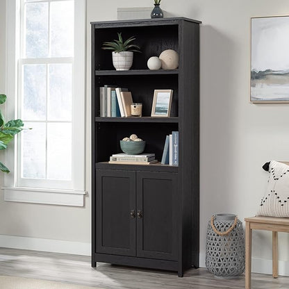 Sauder Cottage Road Book Shelf, Bookshelf with Storage, Library Bookcase with Doors and Adjustable Shelves, in Raven Oak Finish