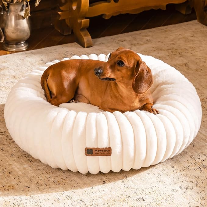MEWOOFUN Donut Dog Beds for Small Dog, Calming Bed Round Cute Puppy Bed with Non-Slip Bottom, Fluffy Washable Pet Bed for Puppy and Kitten (Cream, S (25x25x7))-Mewly Pet