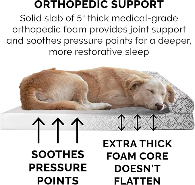 Furhaven Orthopedic Dog Bed for Large Dogs w/ Removable Bolsters & Washable Cover, For Dogs Up to 125 lbs - Plush & Southwest Kilim Woven Decor Sofa - Boulder Gray, Jumbo Plus/XXL-Mewly Pet