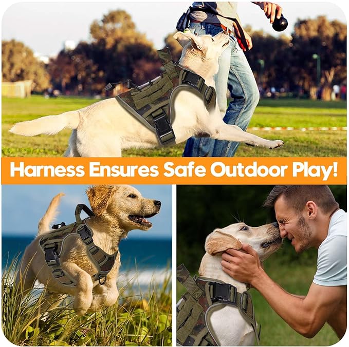 Heavy-Duty Tactical Dog Harness for Large Dogs, No Pull Adjustable Reflective Pet Vest with Molle System, K9 Military-Grade Control for Service Training, Outdoor & 10+ Breeds, Green Camo, Medium-Mewly Pet