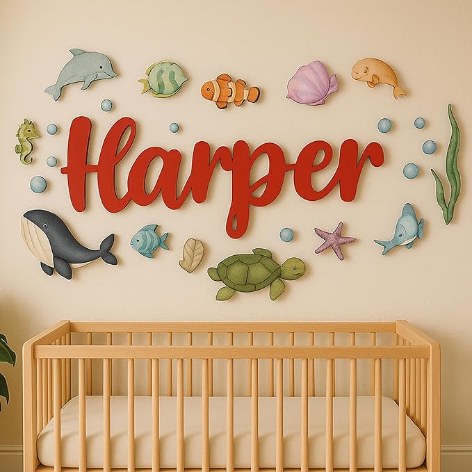 Custom Nursery Name Sign with Themed Decor Kit | Personalized Wooden Wall Art for Baby, Kids Room | Space, Jungle, Circus, Under the Sea, Woodland, Rainbow (60", Under the Sea)