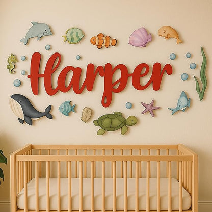 Custom Nursery Name Sign with Themed Decor Kit | Personalized Wooden Wall Art for Baby, Kids Room | Space, Jungle, Circus, Under the Sea, Woodland, Rainbow (60", Under the Sea)