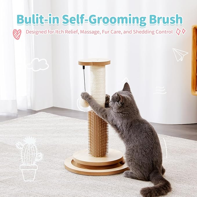 Made4Pets Cat Scratching Post 18" Tall for Small Kittens, 4-in-1 Cat Scratcher with Natural Sisal Ropes, Wooden Turntable Track Toy with Self Grooming Brush, Premium Scratch Pole with Plush Balls-Mewly Pet