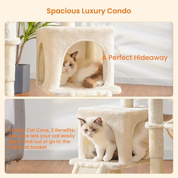 Heybly Cat Tree with Cat Self Groomer Brush, Cat Tower Condo for Indoor Cats with Padded Plush Perch, Cat House with Basket Scratching Board Post, Beige HCT005SM-Mewly Pet