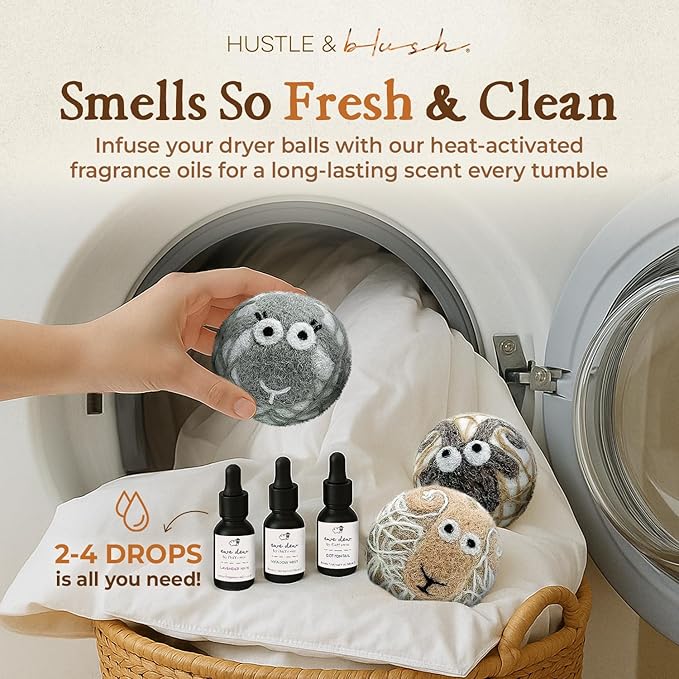 Fluff Ewes Wool Dryer Balls 6 Pack Premium New Zealand Wool Laundry Balls for Dryer, No Static Dryer Balls Laundry Reusable, XL Wool Dryer Balls Cute, Baby Dryer Balls for Dryers - Classic-Mewly Pet