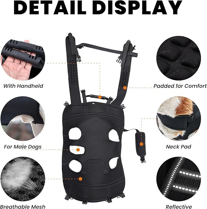 Dog Lift Harness Backpack Carrier for Large Dogs, Full Body Sling with Handle, Dog Harness for Joint Injuries, Arthritis, Ideal for Stairs, Elderly Dogs (Black Large 20-29 LBS)-Mewly Pet