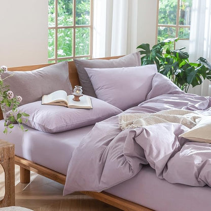 MooMee Bedding Duvet Cover Set 100% Washed Cotton Linen Like Textured Breathable Durable Soft Comfy (Heathered Light Purple, Palatial King/Oversized King 120"x98")