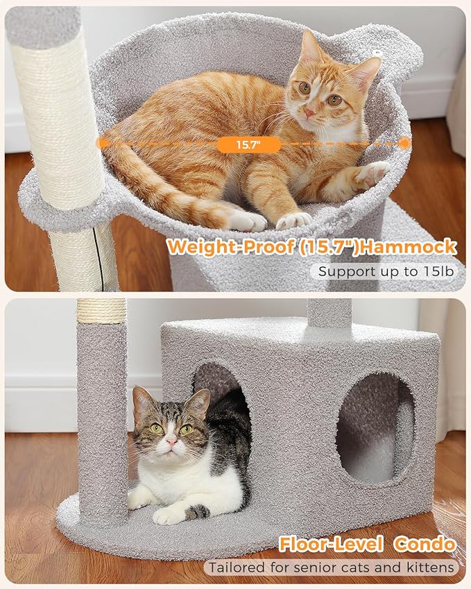 Cactus Cat Tree Cat Scratching Post 40" Cat Tower with Large Metal Carpet Hammock, Cat Scratching Post for Indoor Cats with Condo& Dangling Ball, Grey-Mewly Pet