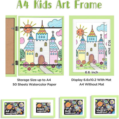 KINLINK A4 Kids Art Frames Set of 2, Solid Wood Kids Artwork Frames Changeable with Acrylic Front Opening Holds 150 Pictures, Art Frame for Kids Artwork with Mat or without Mat, Light Green
