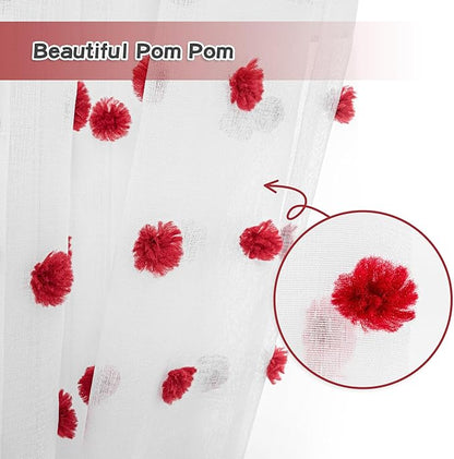 MYSKY HOME Red Pom Pom Curtains for Kitchen 45 Inch Long Bedroom Curtains Christmas Small Windows Light Filtering Sheer Curtains for Nursery Short Cafe Bathroom Privacy Rod Pocket 2 Panels 52 x 45 in