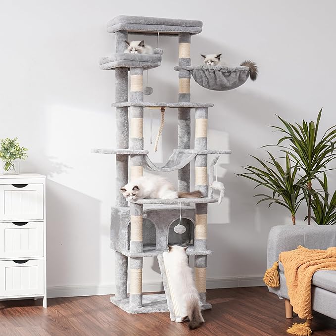 Heybly Tall Cat Tree, 78-inch Multi-Level Cat Tower for Indoor Cats, 2 Widened Plush Perches Cat Condo with Scratching Board and Big Caves, Light Gray HCT033W-Mewly Pet