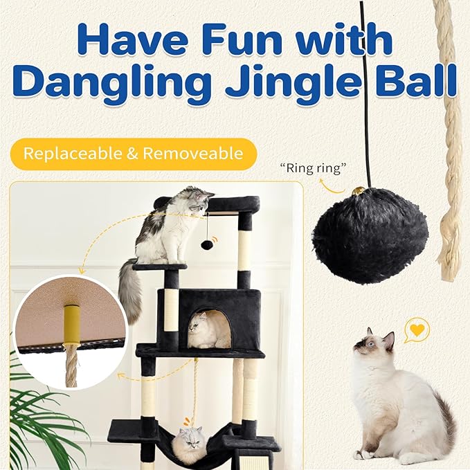 Cat Tree Tower 63in Multi-Level Cat Tower for Indoor Cats with Sisal Scratching Posts, Condo, Hammock, Dangling Ball and Extended Platform for Cats to Play, Black-Mewly Pet