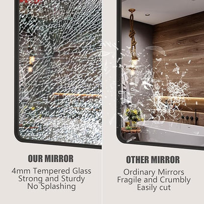 CHAMROR 24x32 Inch Black Metal Framed Bathrrom Mirror for Wall, Black Rounded Rectangle Mirror, Matte Black Bathroom Vanity Mirror, Anti-Rust, Tempered Glass, Hangs Horizontally or Vertically
