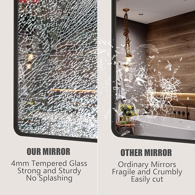 60x28 Black Framed Bathroom Mirror, Large Matte Black Bathroom Vanity Mirror for Wall, Rounded Rectangle Bathroom Mirror, Shatterproof (Horizontally/Vertically)