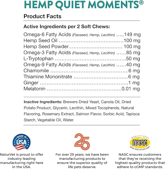 NaturVet Hemp Quiet Moments Plus Hemp Seed for Cats, 60 ct Soft Chews, Made in USANaturVet Quiet Moments Herbal Calming Spray, 8 Ounce- Feline-Mewly Pet