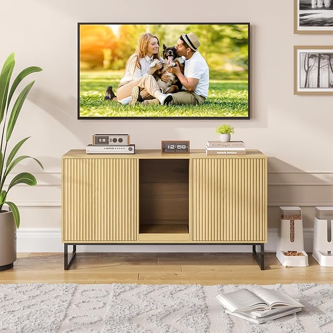 Litter Box Enclosure for 2 Cats, Fluted Hidden Cat Litter Box Furniture with Scratch Pad and Metal Legs, Modern Double Room Kitty House for Living Room, Washroom, 47.2”L x 17.7”W x 25.9”H, Natural-Mewly Pet