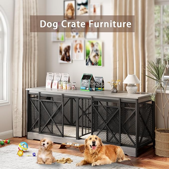 COZPAW 78 Inch Double Dog Crate Furniture, Extra Large Dog Kennel Indoor for Medium Large 2 Dogs, Heavy Duty Dog Cage Chew-Resistant Steel and Wooden Pet House with Removable Divider (Grey)-Mewly Pet