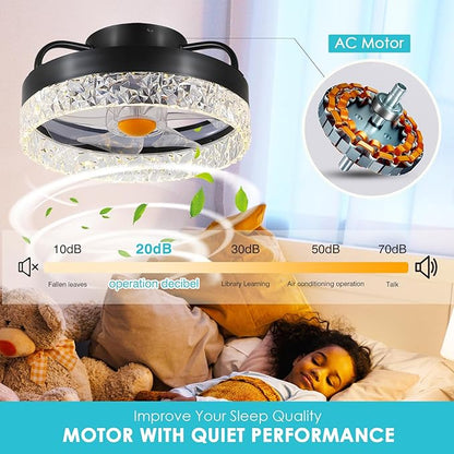 Flush Mount Ceiling Fan with Light - Small Low Profile Ceiling Fan,13" RGB Dimmable LED Bladeless Ceiling Fans, Modern Enclosed LED-RGB Ambient Light for Bedroom, Kids Room, Party