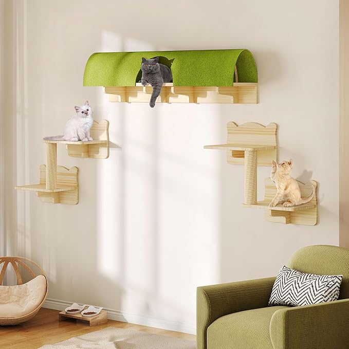 Cat Wall Shelves and Perches, Solid Wood Wall Cat Furniture, Set of 7 Feline Climbing Shelves with Bed, Steps, Scratching Post and Tunnel-Mewly Pet
