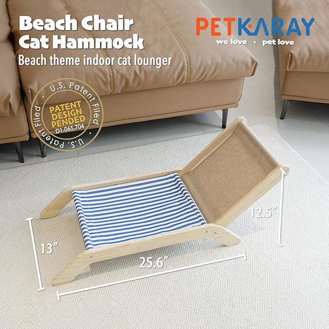 PETKARAY Cat Chair, Beach Theme Cat Hammock Bed, Raised Bed, Mini Beach Chair, Cute Lounger for Indoor Kittens-Mewly Pet