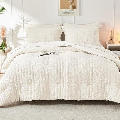 HYMOKEGE Ivory Queen Comforter Set Seersucker 7 Pieces, All Season Luxury Bed in a Bag for Bedroom, Bedding Set with Comforters, Sheets, Pillowcases & Shams