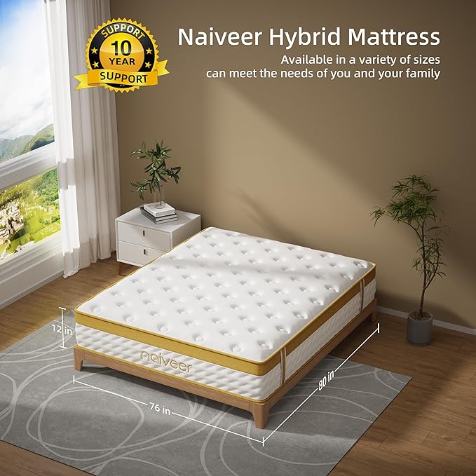 Cooling Gel Memory Foam Hybrid Mattress, 12 Inch King Size Mattress in A Box with Pocket Springs for Back Pain & Pressure Relief, Medium Firm Feeling with CertiPUR-US Certified Foam