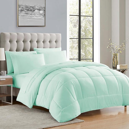 Sweet Home Collection 7 Piece Comforter Set Bag Solid Color All Season Soft Down Alternative Blanket & Luxurious Microfiber Bed Sheets, Mint, Twin XL