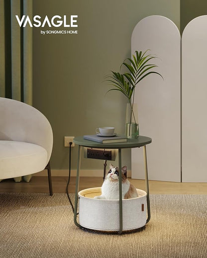VASAGLE LILEA Collection - Side Table with Charging Station, Round End Table with Fabric Basket, LED Nightstand with USB Ports, Modern, for Living Room, Forest Green and Cream White ULET227C01