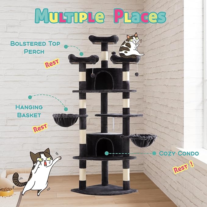 SHA CERLIN 73in Fan-Shaped Corner Cat Tower for Save Space/Multi-Level Tall Cat Tree for Indoor Kitties/Condo with Baskets/Cozy Perches/Sisal Scratching Posts/Pet Activity House/Dark Grey-Mewly Pet
