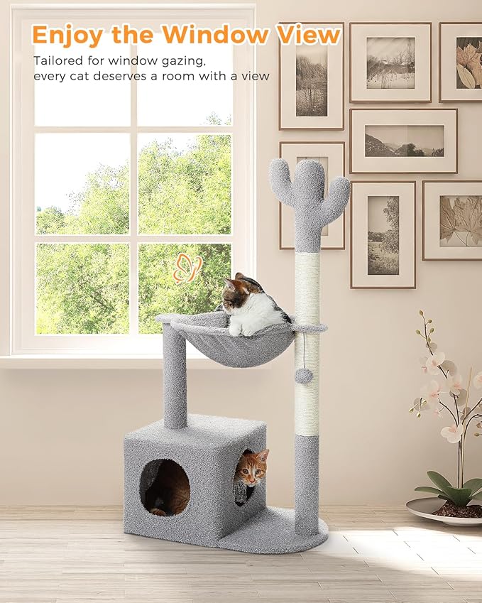 Cactus Cat Tree Cat Scratching Post 40" Cat Tower with Large Metal Carpet Hammock, Cat Scratching Post for Indoor Cats with Condo& Dangling Ball, Grey-Mewly Pet