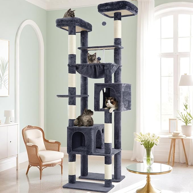 Hey-brother Tall Cat Tree Tower, Heavy Duty Scratching Posts with Large Platforms, Cozy Condos, Big Hammock, Toy Balls, Multi-Level Furniture for Indoor Adult Cats, 80.7 Inches, Smoky Gray MPJ039G-Mewly Pet