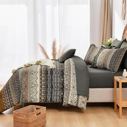 Cottolester Boho King Comforter Set 8 Pieces,Brown Black Bohemian Comforter Paisley Striped Bed in A Bag,Soft Microfiber Bedding Set for All Season