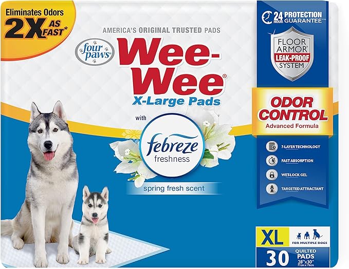 Four Paws Wee-Wee Odor Control with Febreze Freshness Pee Pads for Dogs & Puppies, Leak-Proof Dog Housebreaking Potty Training Floor Protection, Spring Fresh Scent, 28" x 30", 30 Count-Mewly Pet