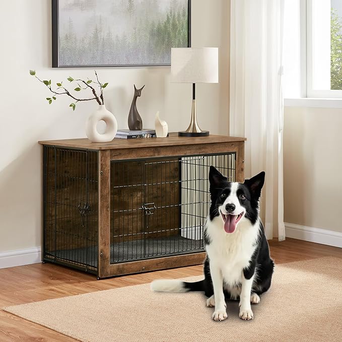 Dog Kennel Furniture, Wooden Dog Crate End Table with Dual Doors, Chew-Proof Design & Cushion, Heavy Duty Dog Crate, Decorative Pet Crate Dog Cage for Indoor (39 Inch)-Mewly Pet