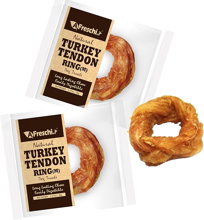 Afreschi Natural Turkey Tendon Ring (M) Pack of 2, Dog Treats for Signature Series, All Natural Human Grade Puppy Chew, USA-Sourced Turkey Tendon, Hypoallergenic, Rawhide Alternative-Mewly Pet