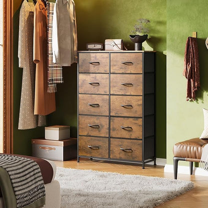 WLIVE Tall Dresser for Bedroom with 10 Fabric Drawers, Organizer Units for Closet, Storage Tower with Cabinet, Metal Frame, Rustic Brown Wood Grain Print Dressers