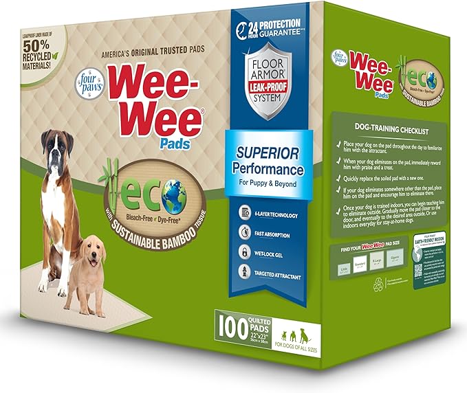 Four Paws Wee-Wee Superior Performance Bamboo Pee Pads for Dogs, Earth Friendly Dog & Puppy Potty Training Pads, Crate Liners, Housebreaking Supplies, 22" x 23" (100 Count)-Mewly Pet