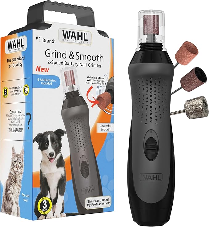 Wahl Grind & Smooth 2 Speed Battery Dog Nail Grinder with Concave Rounding Tip and Nail Guard for Increased Safety and Precise Nail Grinding - Model 3026333-Mewly Pet