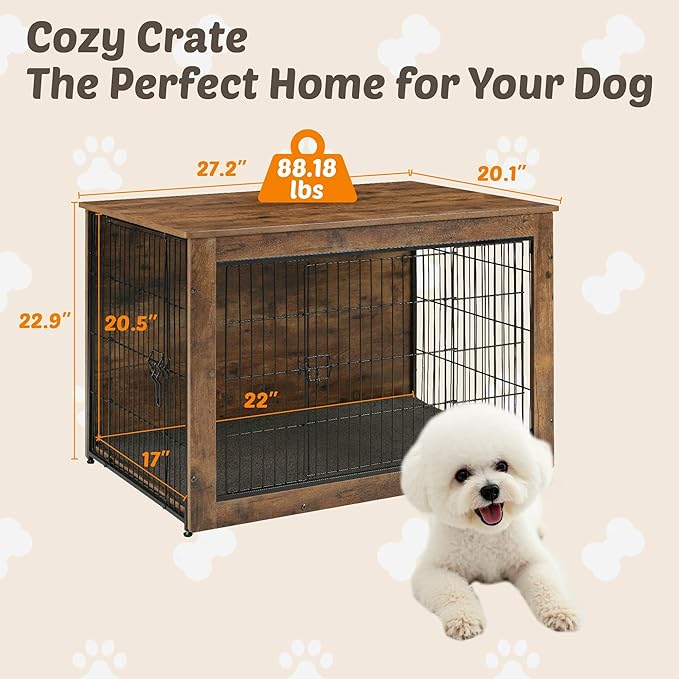 Dog Kennel Furniture, Wooden Dog Crate End Table with Dual Doors, Chew-Proof Design & Cushion, Heavy Duty Dog Crate, Decorative Pet Crate Dog Cage for Indoor (27 Inch)-Mewly Pet