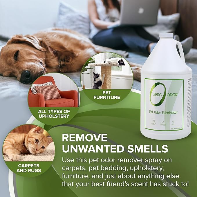 Zero Odor - Pet Odor Eliminator for strong odor, Eliminate Air & Surface Odors – Patented Molecular Technology Best For Carpet, Furniture, Beds Smell Great Again (128 Ounces)-Mewly Pet