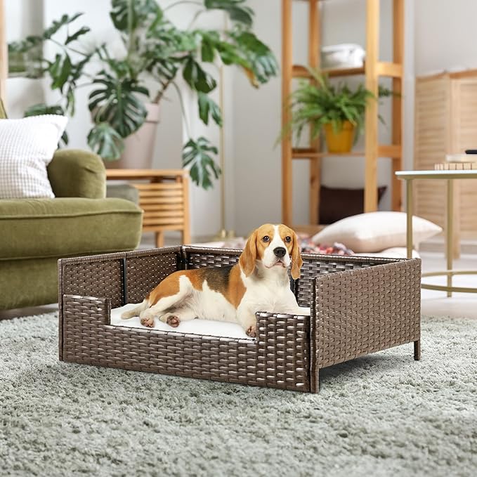 YITAHOME Rattan Dog Sofa Bed with Cushion,Wicker Pet Bed Sofa Couch Indoor Outdoor Water Unaffected for Large Medium Small Dogs Cats (24.8''L*19.7''W*9.8'',Beige)-Mewly Pet